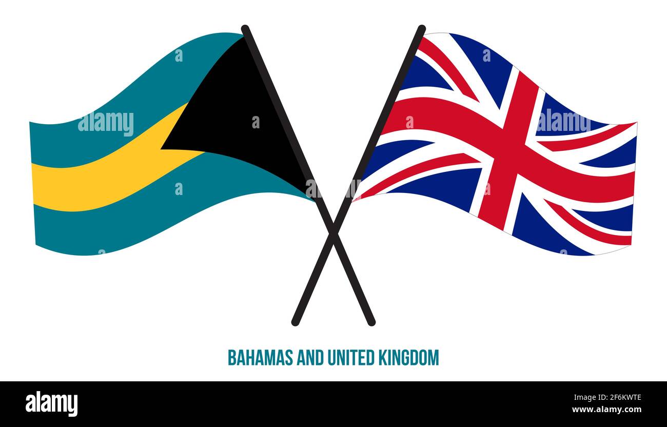 Bahamas und Großbritannien Flaggen gekreuzt und winken Flat Style. Offizieller Anteil. Richtige Farben. Stock Vektor