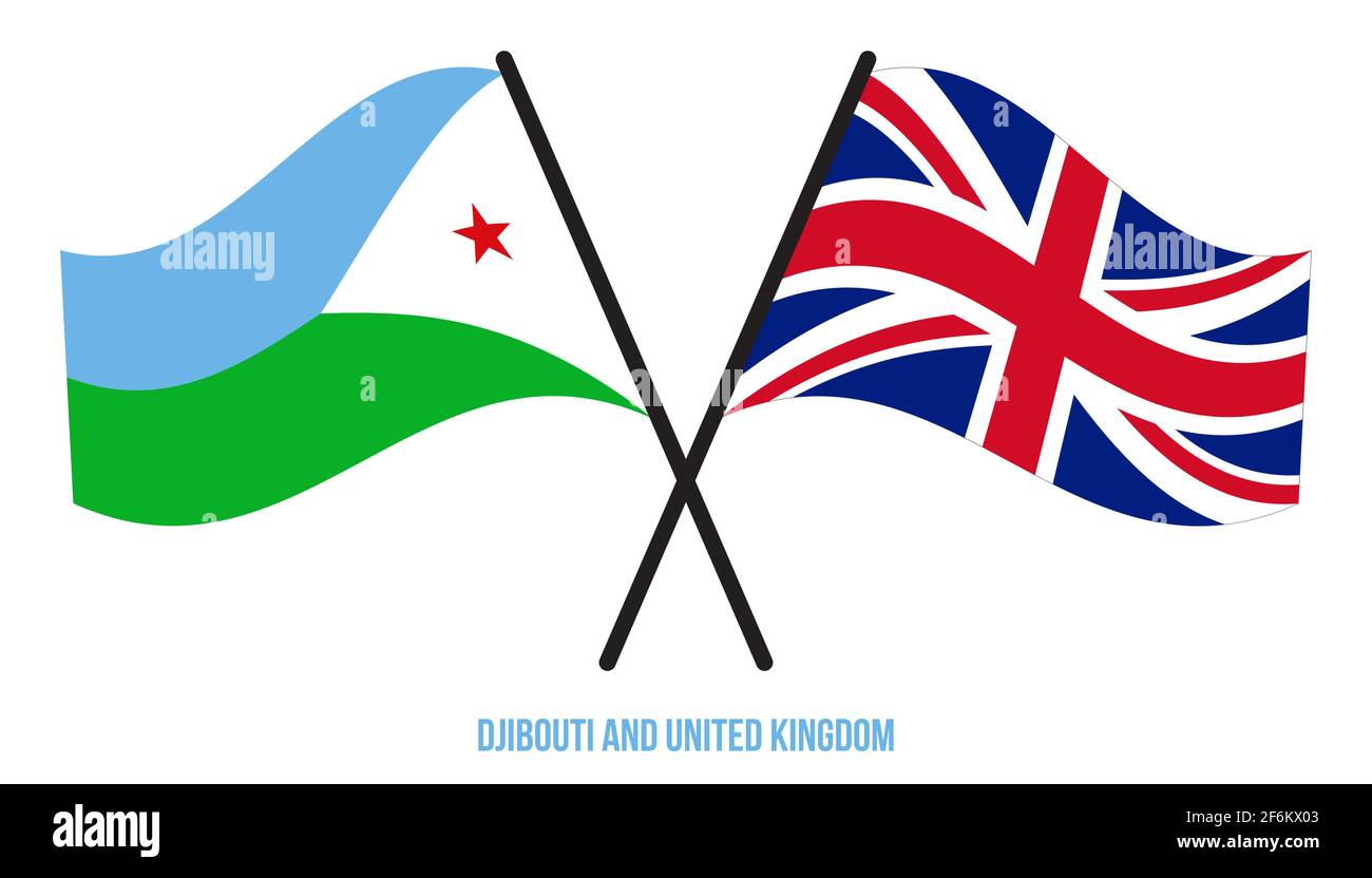 Dschibuti und Großbritannien Flaggen gekreuzt und winken Flat Style. Offizieller Anteil. Richtige Farben. Stock Vektor