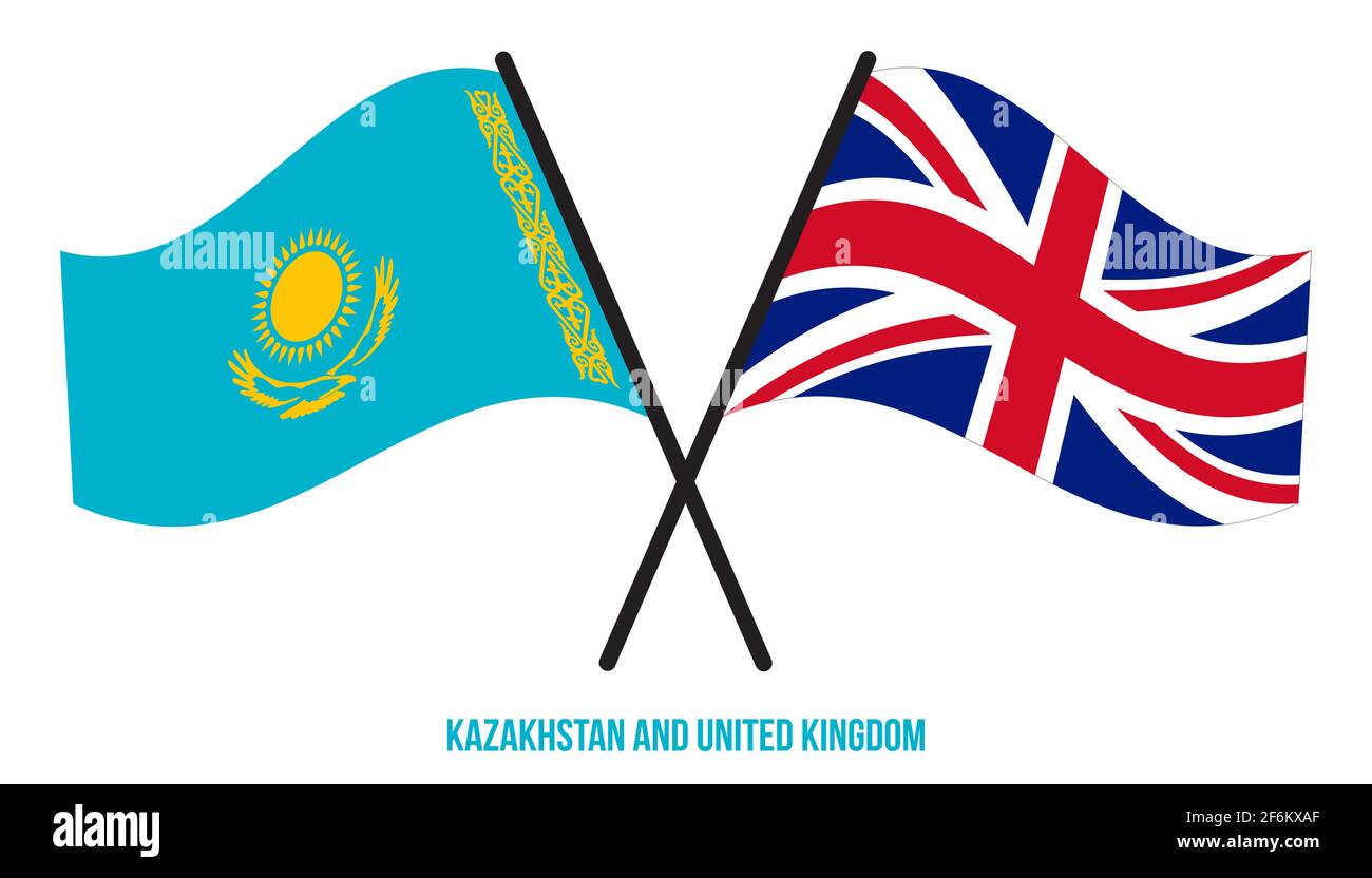 Kasachstan und Großbritannien Flaggen gekreuzt und winken Flat Style. Offizieller Anteil. Richtige Farben. Stock Vektor