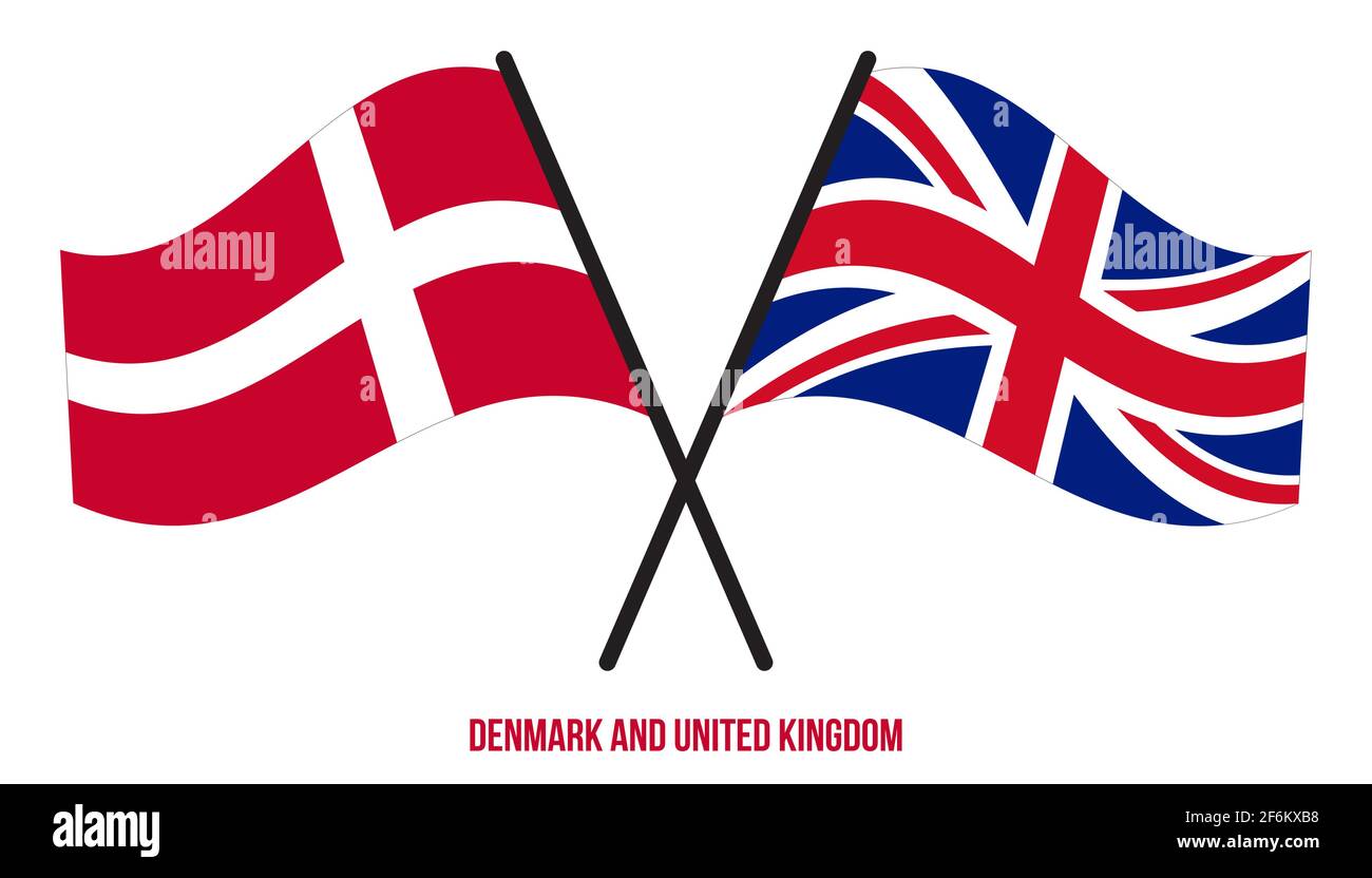 Dänemark und Großbritannien Flaggen gekreuzt Flat Style. Offizieller Anteil. Richtige Farben. Stock Vektor