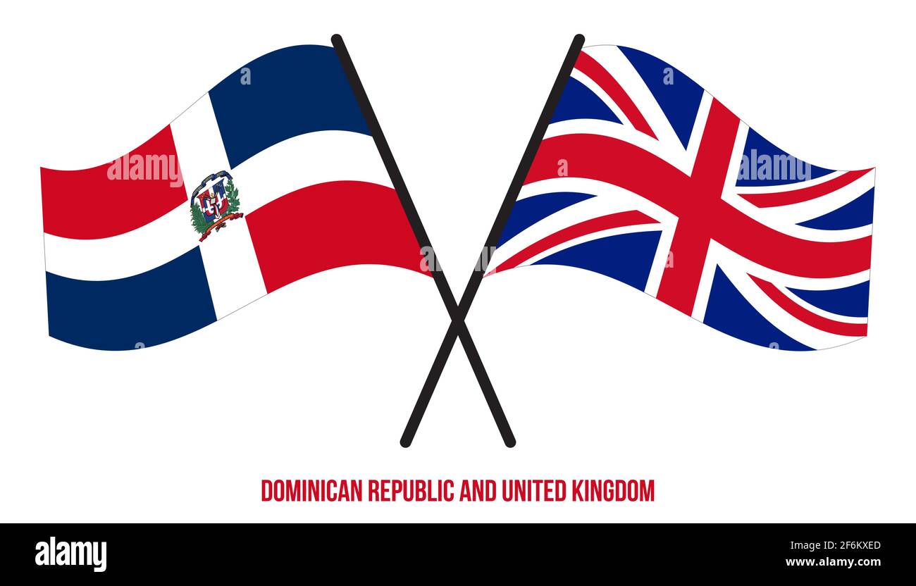 Dominikanische Republik und Großbritannien Flaggen gekreuzt und winken Flat Style. Offizieller Anteil. Stock Vektor