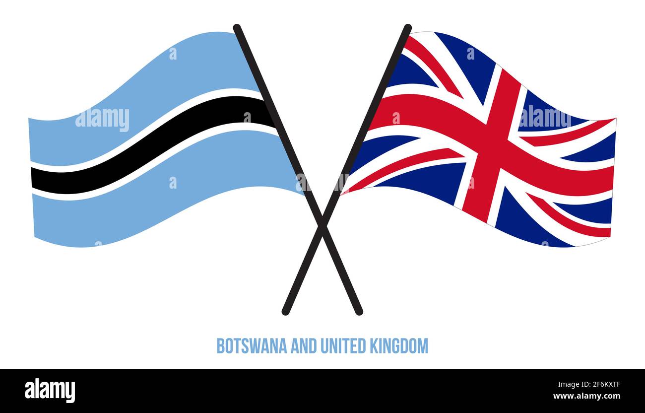 Botswana und Großbritannien Flaggen gekreuzt Flat Style. Offizieller Anteil. Richtige Farben. Stock Vektor
