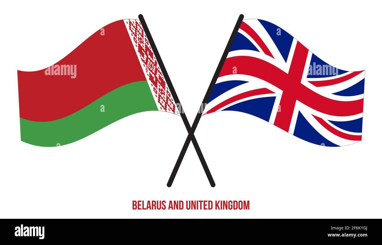 Weißrussland und Großbritannien Flaggen gekreuzt und winken Flat Style. Offizieller Anteil. Richtige Farben. Stock Vektor