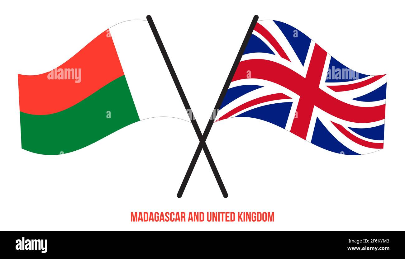 Madagaskar und Großbritannien Flaggen gekreuzt und winken Flat Style. Offizieller Anteil. Richtige Farben. Stock Vektor