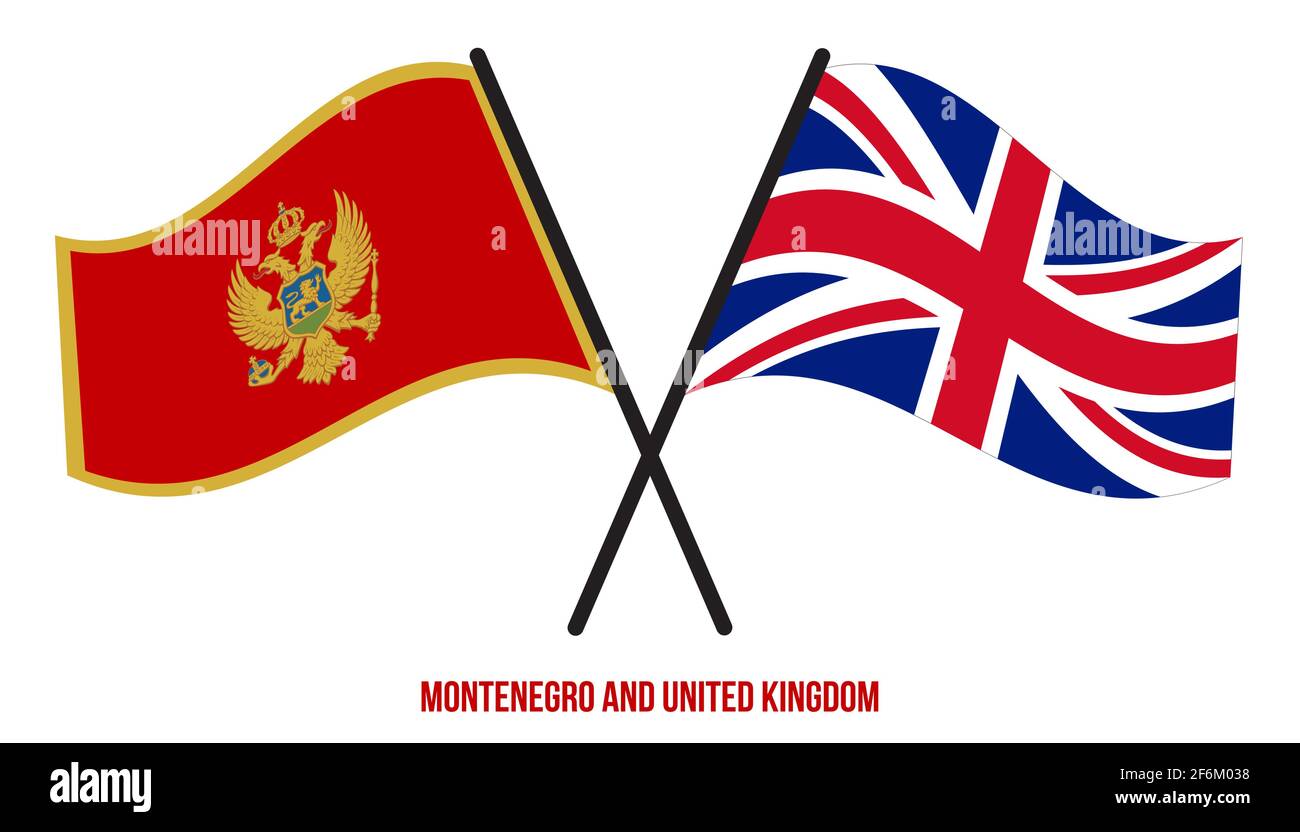 Montenegro und Großbritannien Flaggen gekreuzt und winken Flat Style. Offizieller Anteil. Richtige Farben. Stock Vektor