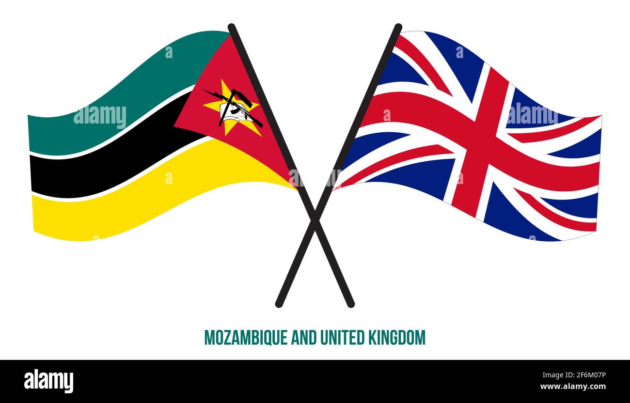 Mosambik und Großbritannien Flaggen gekreuzt und winken Flat Style. Offizieller Anteil. Richtige Farben. Stock Vektor