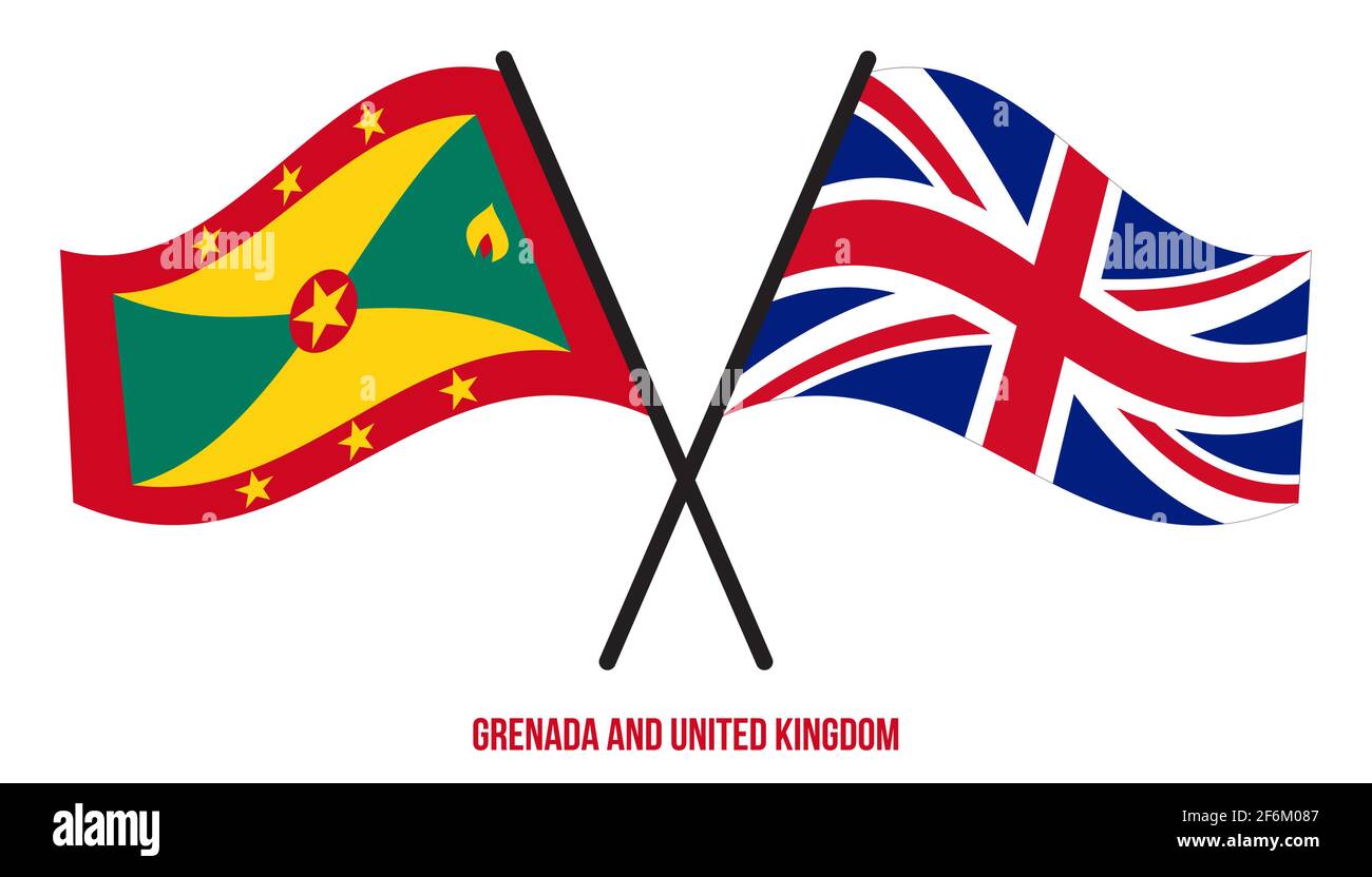 Grenada und Großbritannien Flaggen gekreuzt und winken Flat Style. Offizieller Anteil. Richtige Farben. Stock Vektor