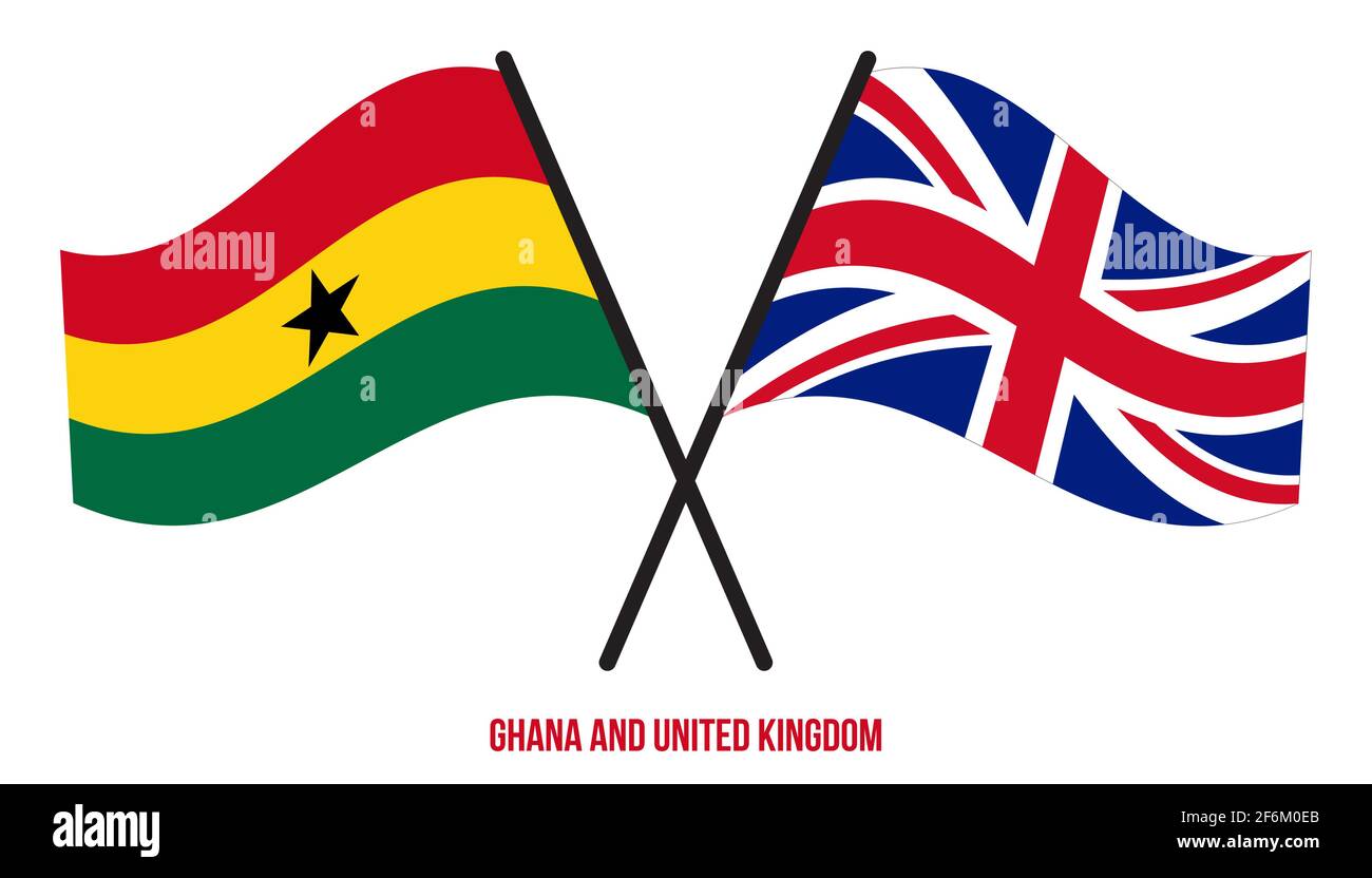 Ghana und Großbritannien Flaggen gekreuzt und winken Flat Style. Offizieller Anteil. Richtige Farben. Stock Vektor