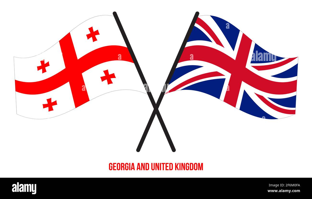 Georgia und Großbritannien Flaggen gekreuzt und winken Flat Style. Offizieller Anteil. Richtige Farben. Stock Vektor