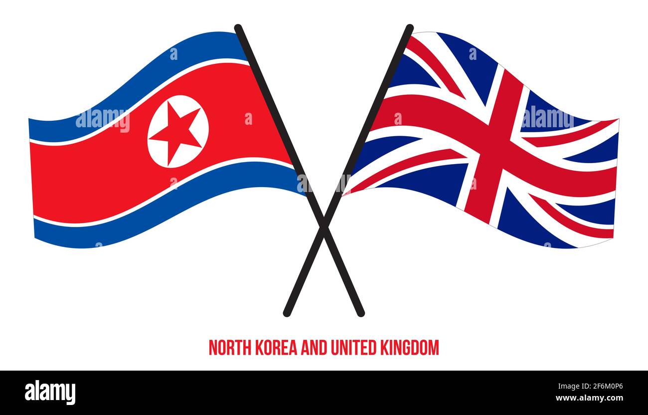 Nordkorea und Großbritannien Flaggen gekreuzt und winken Flat Style. Offizieller Anteil. Richtige Farben. Stock Vektor