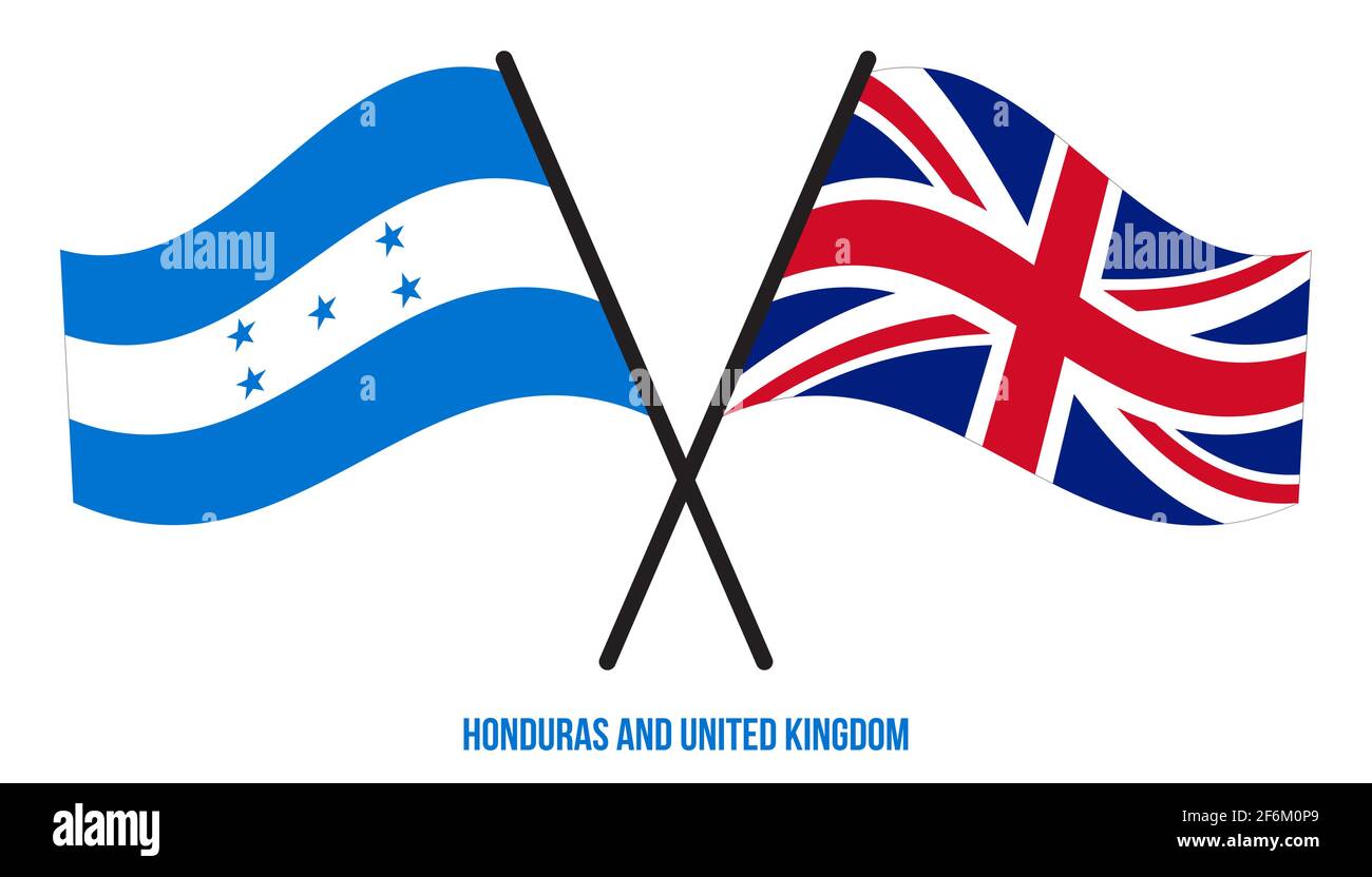 Honduras und Großbritannien Flaggen gekreuzt und winken Flat Style. Offizieller Anteil. Richtige Farben. Stock Vektor