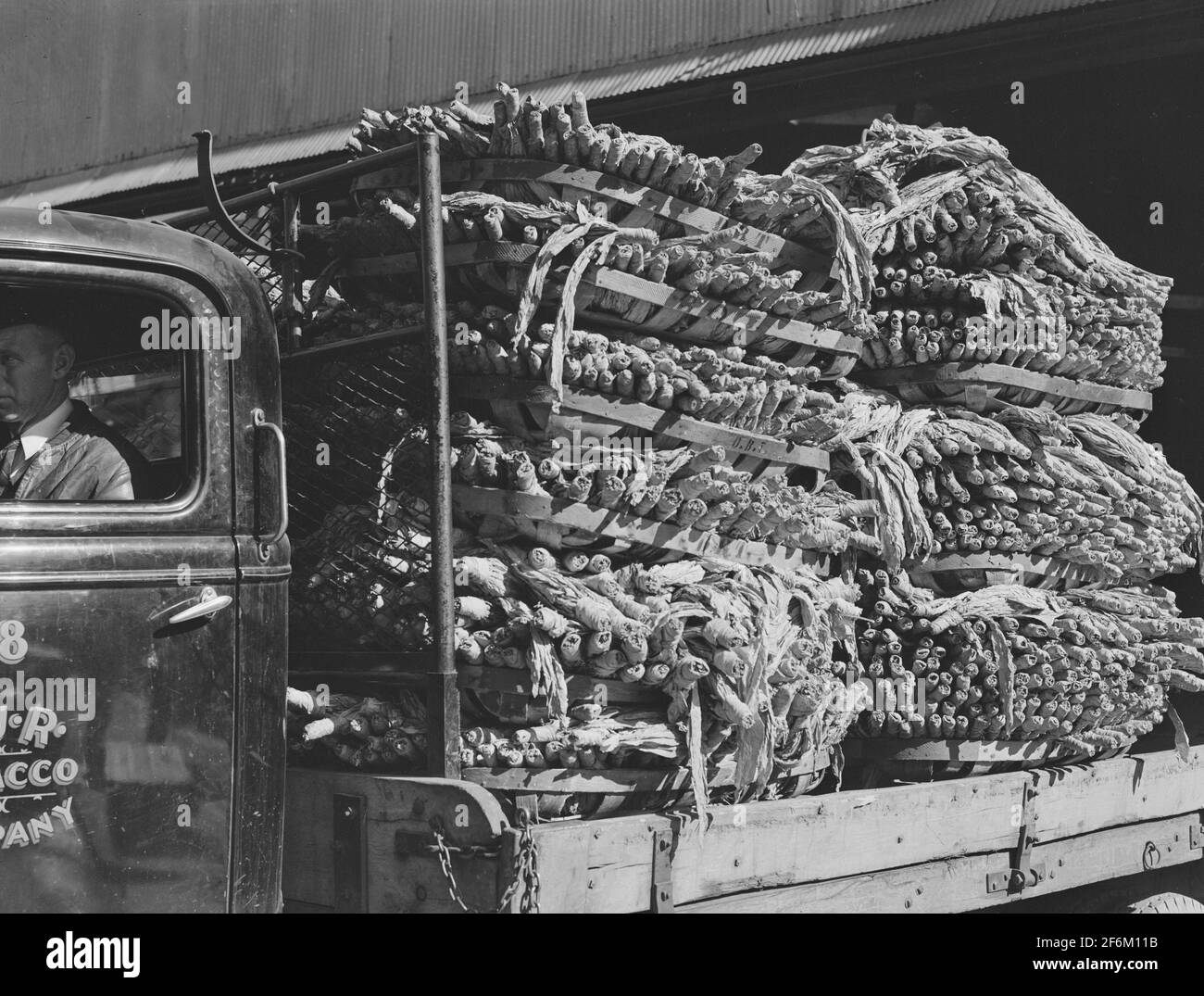 LKW-Ladung Tabak geht zum Lager in South Boston, Halifax County, Virginia. In dieser kleinen Stadt gibt es elf Lagerhäuser. 1939. Stockfoto