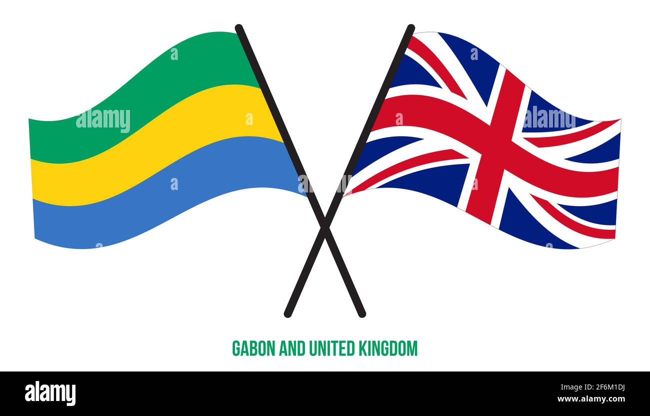 Gabun und Großbritannien Flaggen gekreuzt und winken Flat Style. Offizieller Anteil. Richtige Farben. Stock Vektor