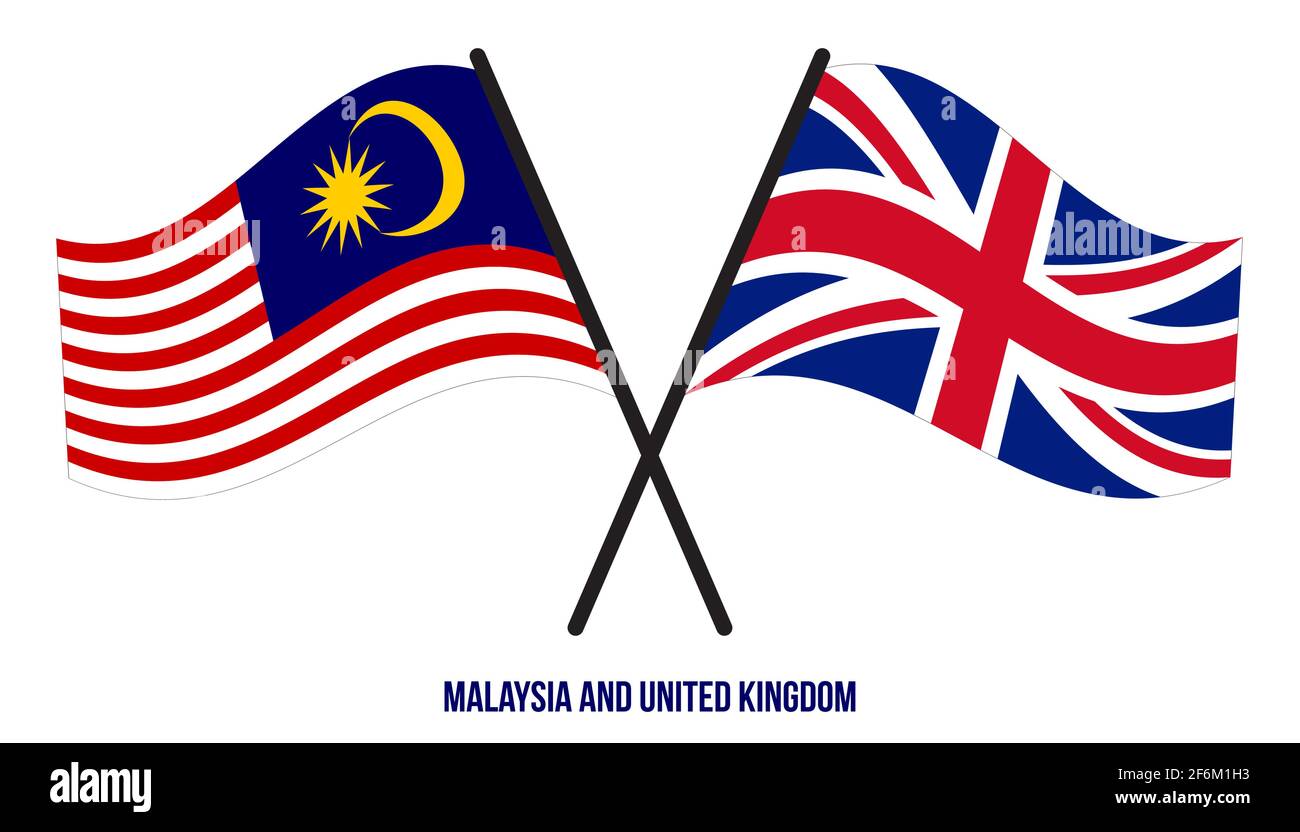 Malaysia und Großbritannien Flaggen gekreuzt und winken Flat Style. Offizieller Anteil. Richtige Farben. Stock Vektor