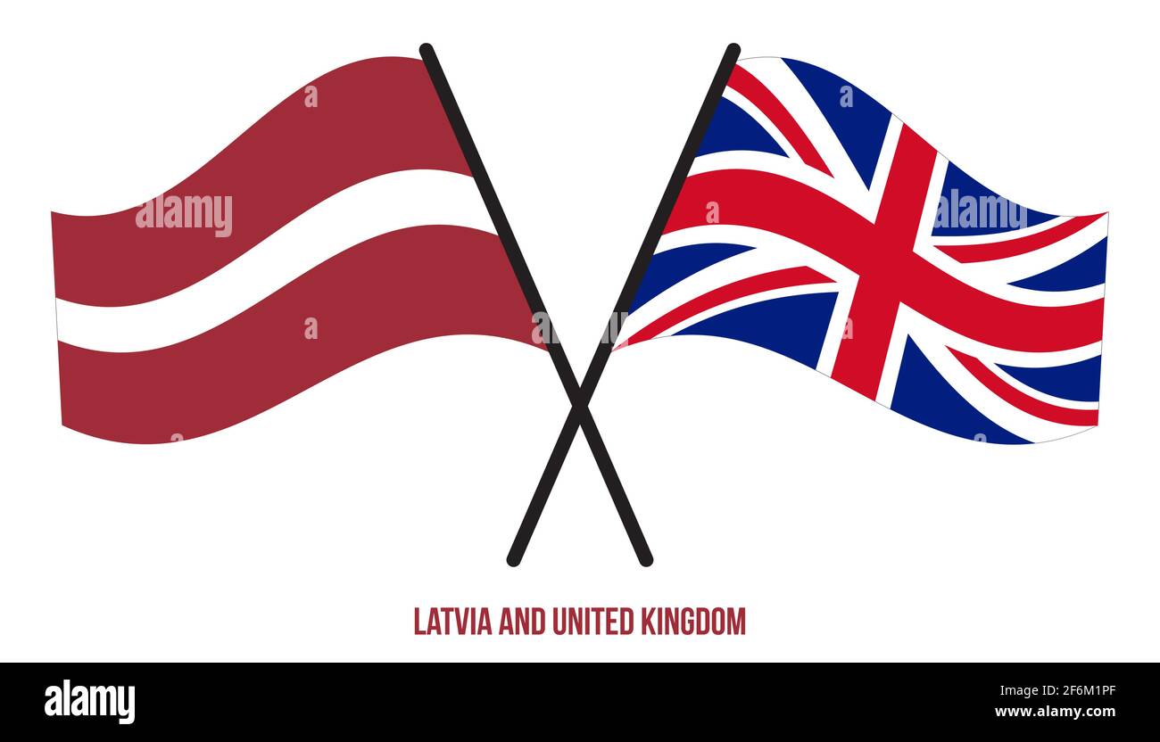 Lettland und Großbritannien Flaggen gekreuzt und winken Flat Style. Offizieller Anteil. Richtige Farben. Stock Vektor