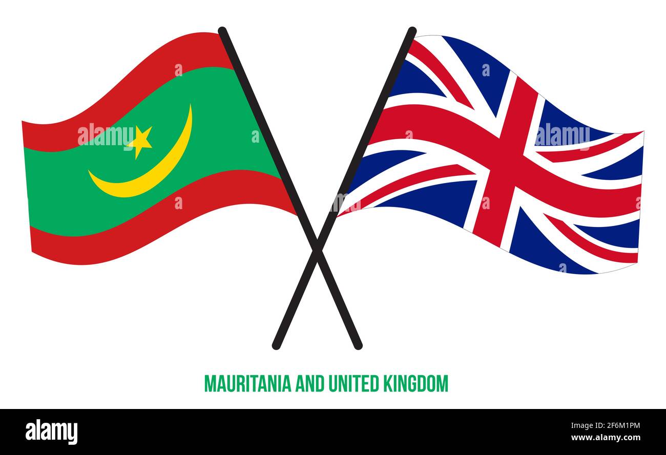 Mauretanien und Großbritannien Flaggen gekreuzt und winken Flat Style. Offizieller Anteil. Richtige Farben. Stock Vektor