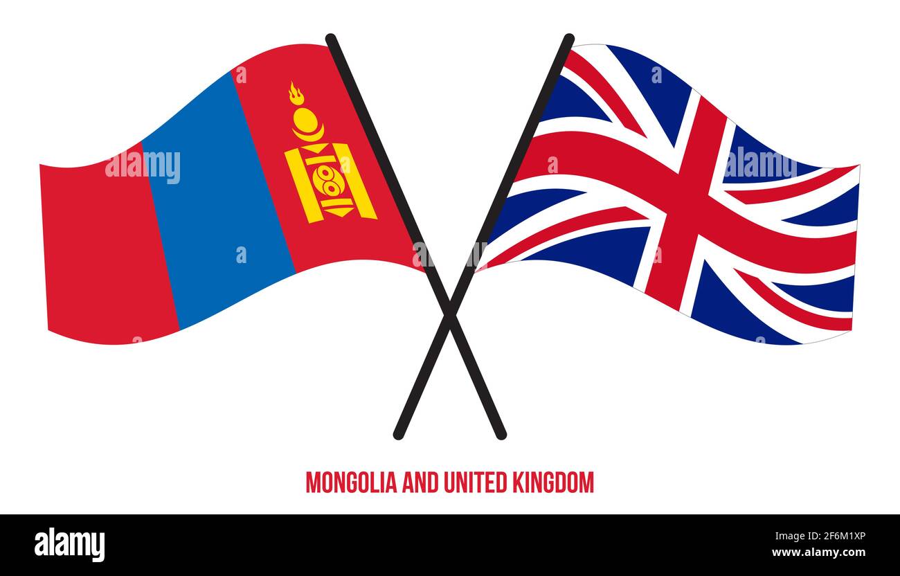 Mongolei und Großbritannien Flaggen gekreuzt und winken Flat Style. Offizieller Anteil. Richtige Farben. Stock Vektor