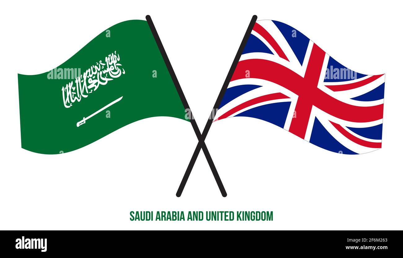 Saudi-Arabien und Großbritannien Flaggen gekreuzt und winken Flat Style. Offizieller Anteil. Richtige Farben. Stock Vektor