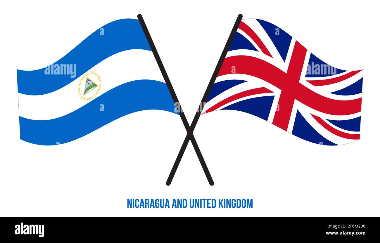 Nicaragua und Großbritannien Flaggen gekreuzt und winken Flat Style. Offizieller Anteil. Richtige Farben. Stock Vektor