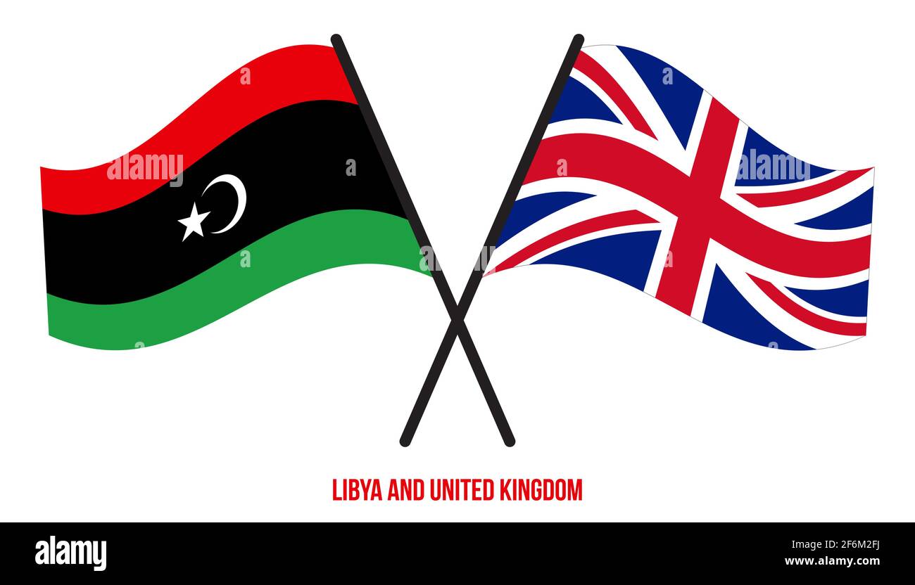 Libyen und Großbritannien Flaggen gekreuzt und winken Flat Style. Offizieller Anteil. Richtige Farben. Stock Vektor