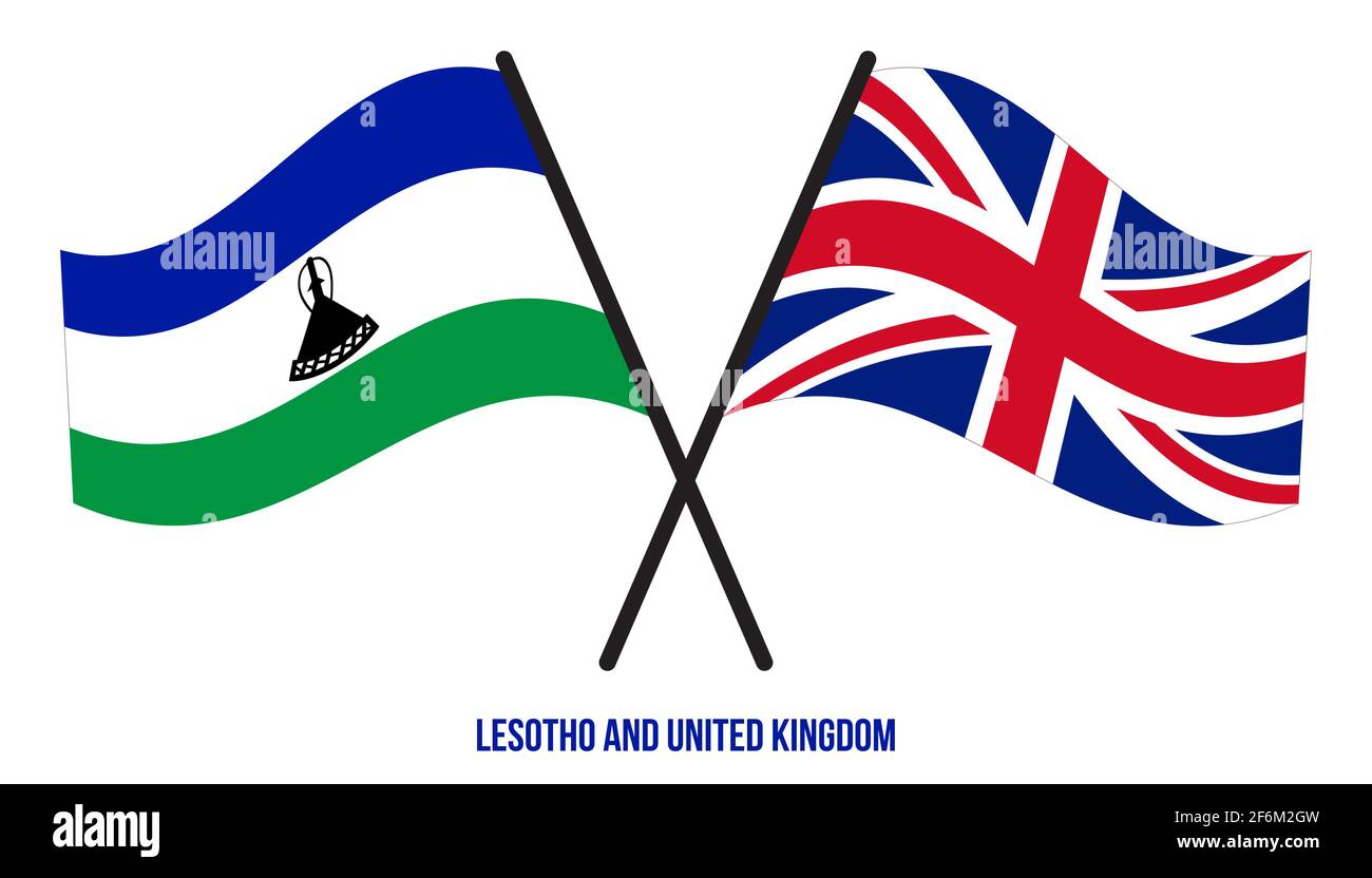 Lesotho und Großbritannien Flaggen gekreuzt und winken Flat Style. Offizieller Anteil. Richtige Farben. Stock Vektor