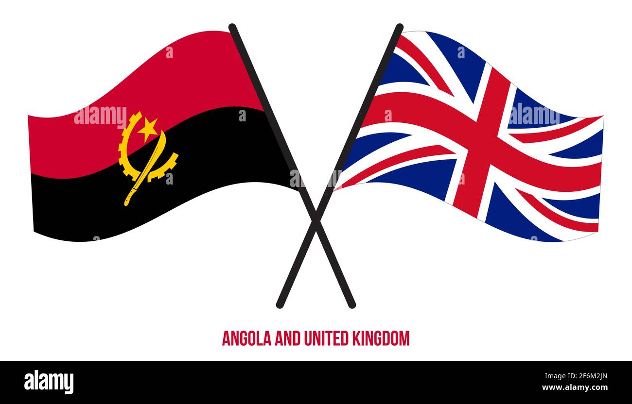 Angola und Großbritannien Flaggen gekreuzt und winken Flat Style. Offizieller Anteil. Richtige Farben. Stock Vektor
