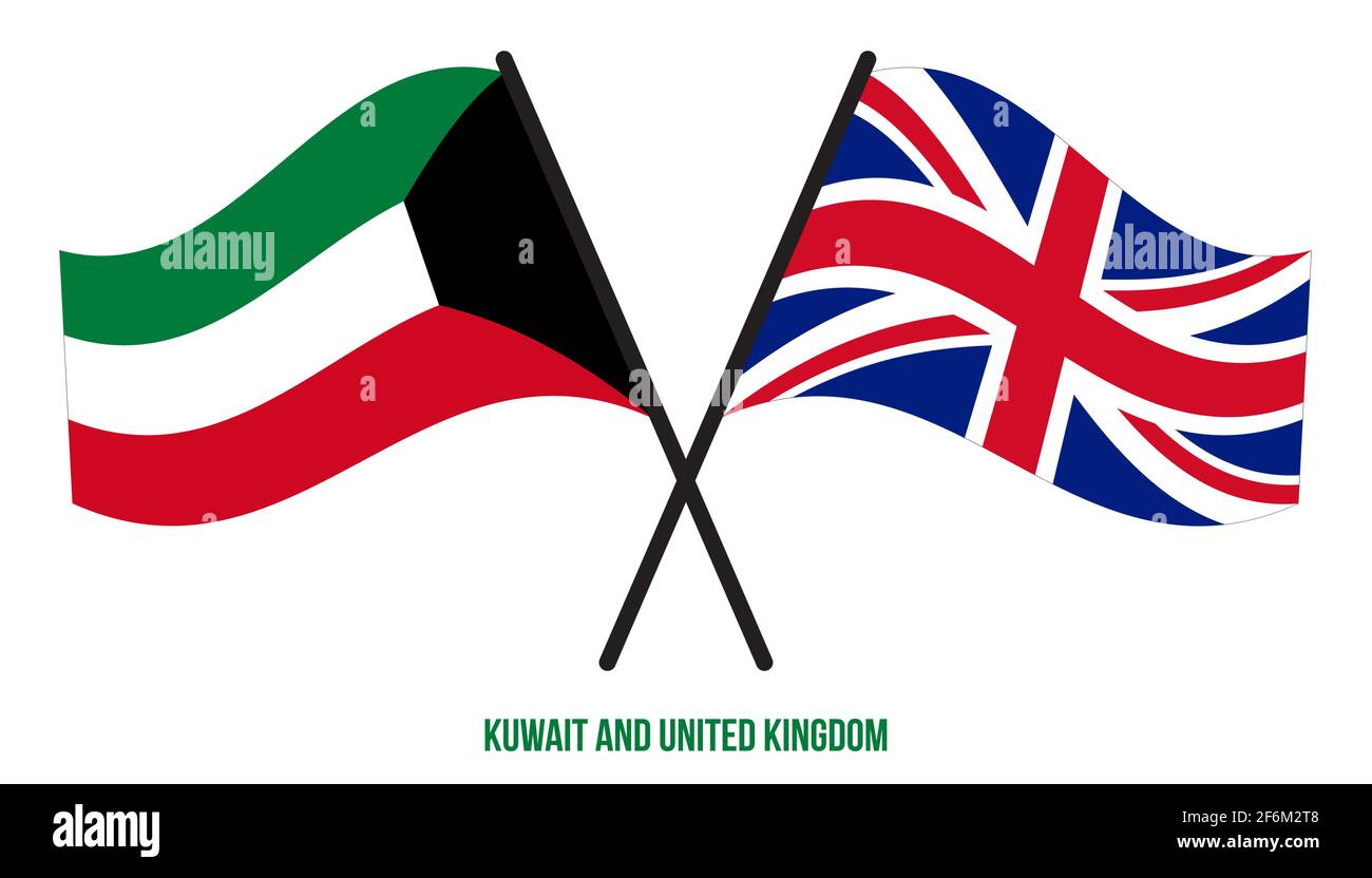 Kuwait und Großbritannien Flaggen gekreuzt und winken Flat Style. Offizieller Anteil. Richtige Farben. Stock Vektor