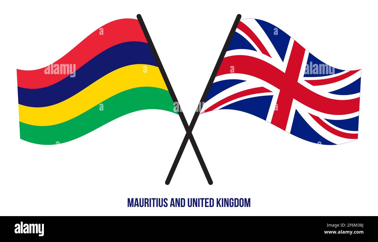 Mauritius und Großbritannien Flaggen gekreuzt und winken Flat Style. Offizieller Anteil. Richtige Farben. Stock Vektor