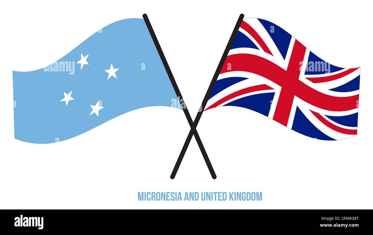 Mikronesien und Großbritannien Flaggen gekreuzt und winken Flat Style. Offizieller Anteil. Richtige Farben. Stock Vektor