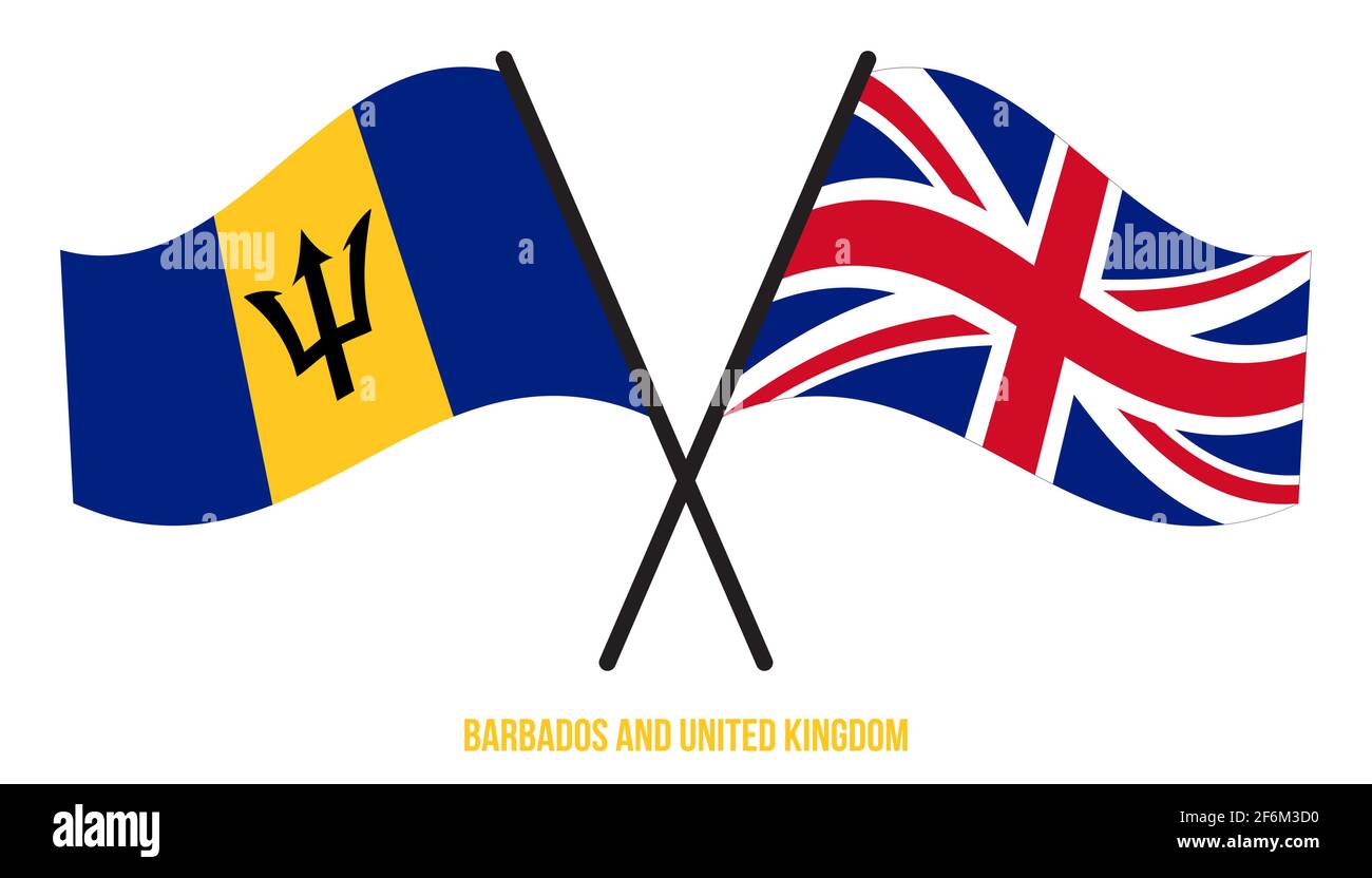 Barbados und Großbritannien Flaggen gekreuzt und winken Flat Style. Offizieller Anteil. Richtige Farben. Stock Vektor