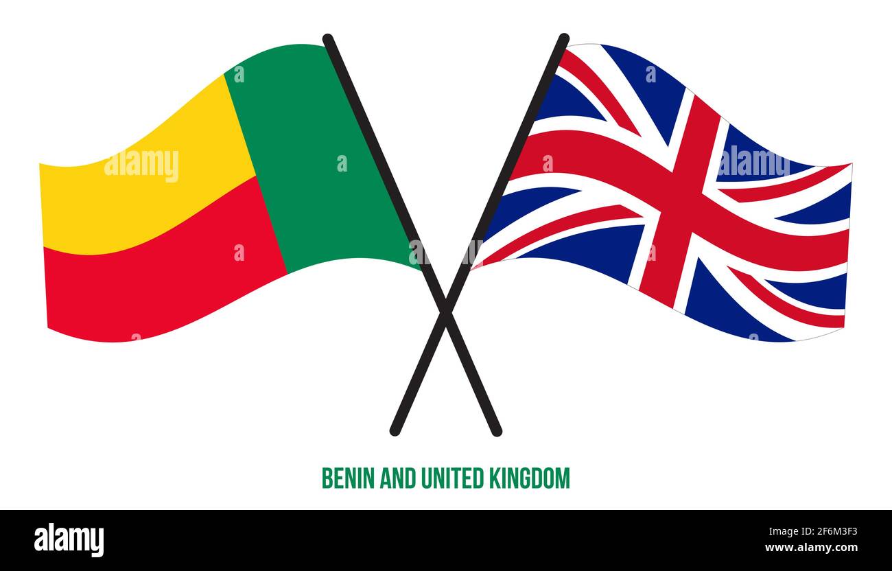 Benin und Großbritannien Flaggen gekreuzt und winken Flat Style. Offizieller Anteil. Richtige Farben. Stock Vektor