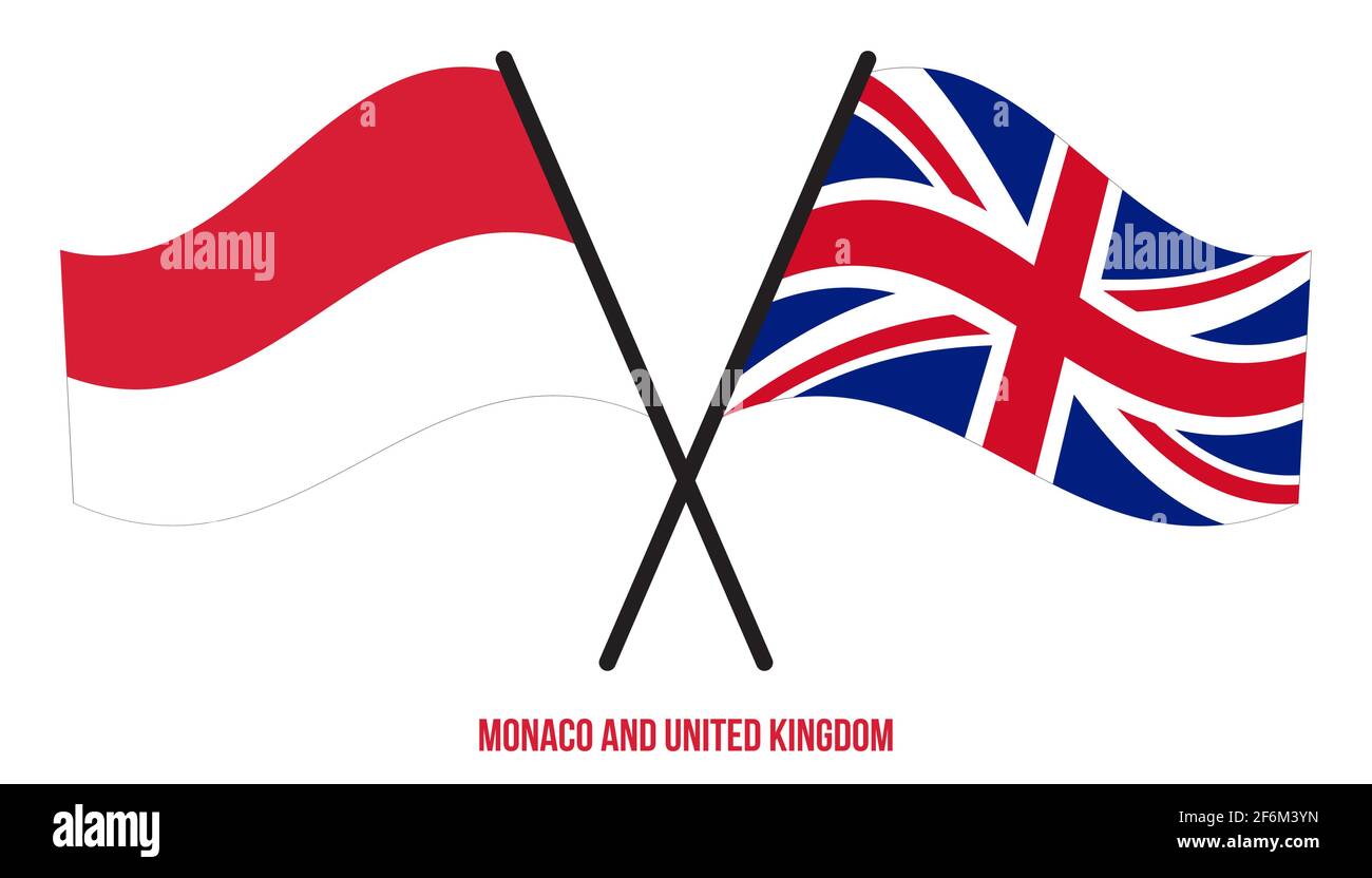 Monaco und Großbritannien Flaggen gekreuzt und winken Flat Style. Offizieller Anteil. Richtige Farben. Stock Vektor