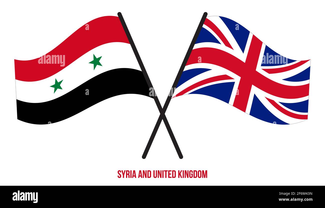 Syrien und Großbritannien Flaggen gekreuzt und winken Flat Style. Offizieller Anteil. Richtige Farben. Stock Vektor