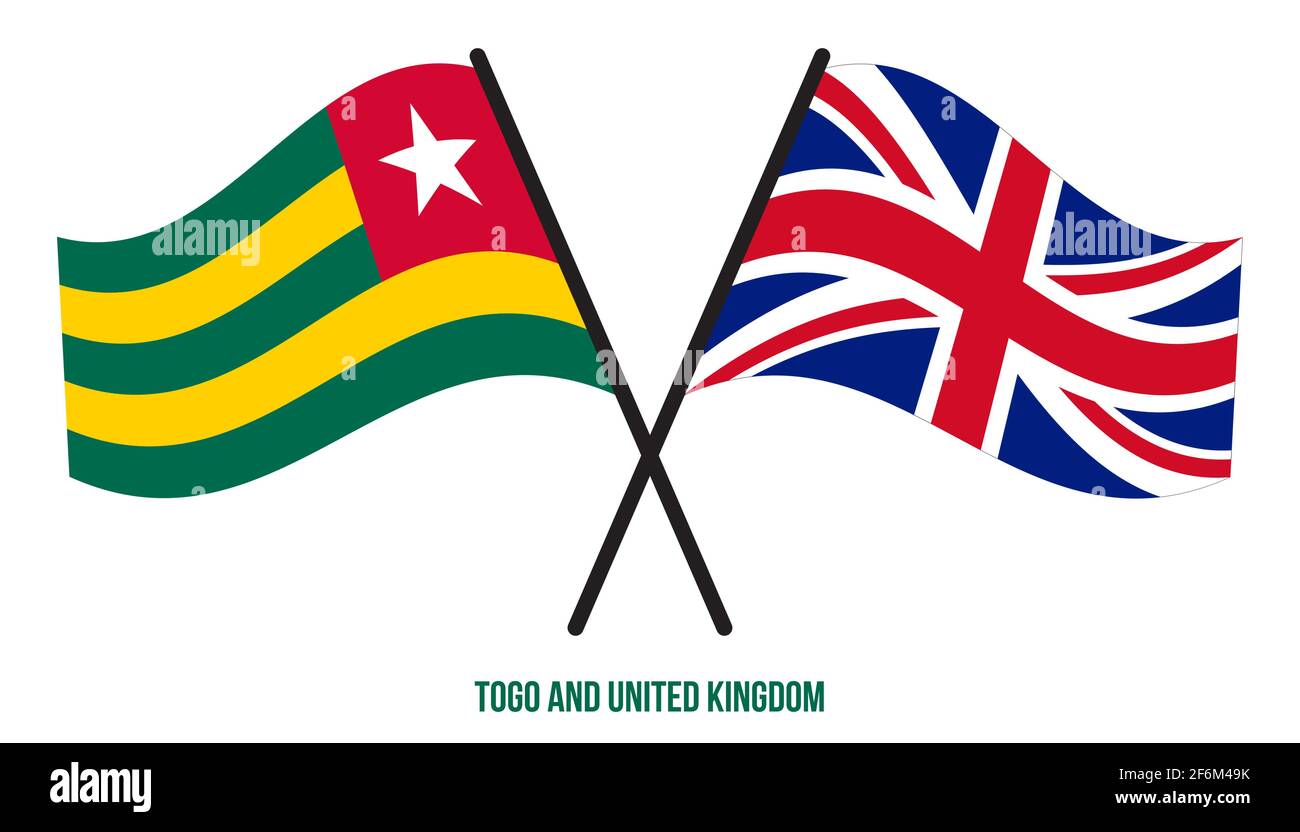 Togo und Großbritannien Flaggen gekreuzt und winken Flat Style. Offizieller Anteil. Richtige Farben. Stock Vektor