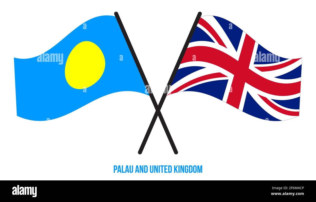 Palau und Großbritannien Flaggen gekreuzt und winken Flat Style. Offizieller Anteil. Richtige Farben. Stock Vektor