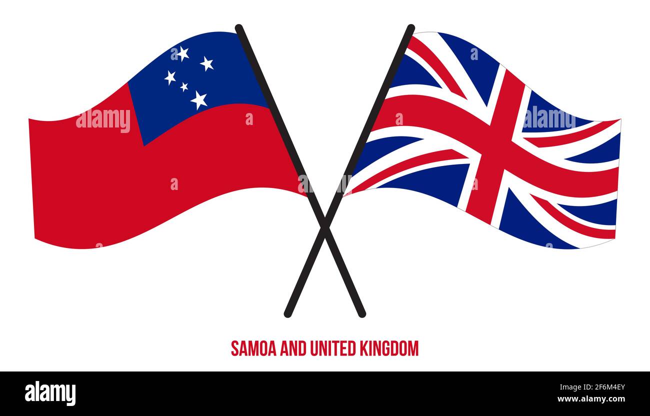 Samoa und Großbritannien Flaggen gekreuzt und winken Flat Style. Offizieller Anteil. Richtige Farben. Stock Vektor
