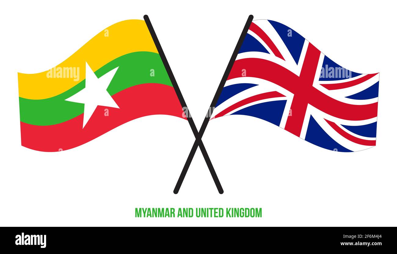 Myanmar und Großbritannien Flaggen gekreuzt und winken Flat Style. Offizieller Anteil. Richtige Farben. Stock Vektor
