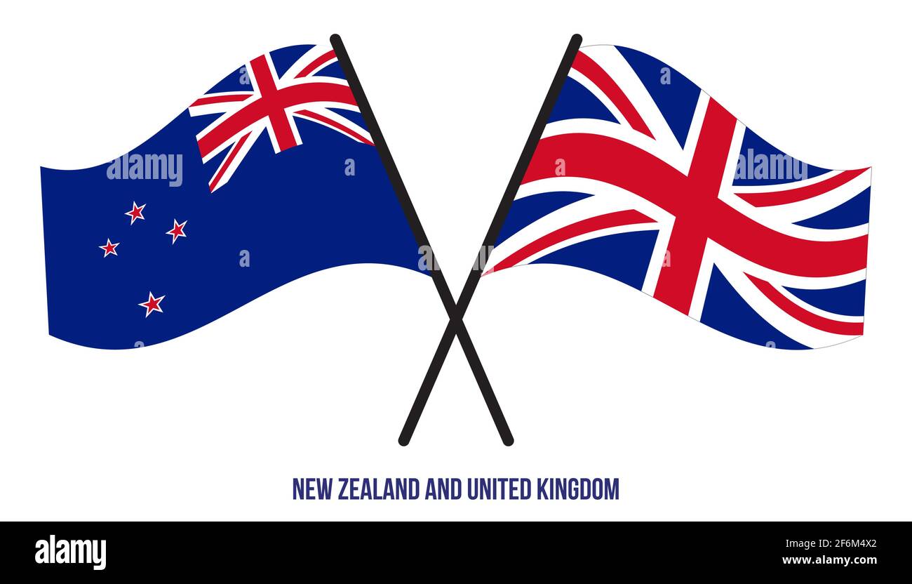 Neuseeland und Großbritannien Flaggen gekreuzt und winken Flat Style. Offizieller Anteil. Richtige Farben. Stock Vektor