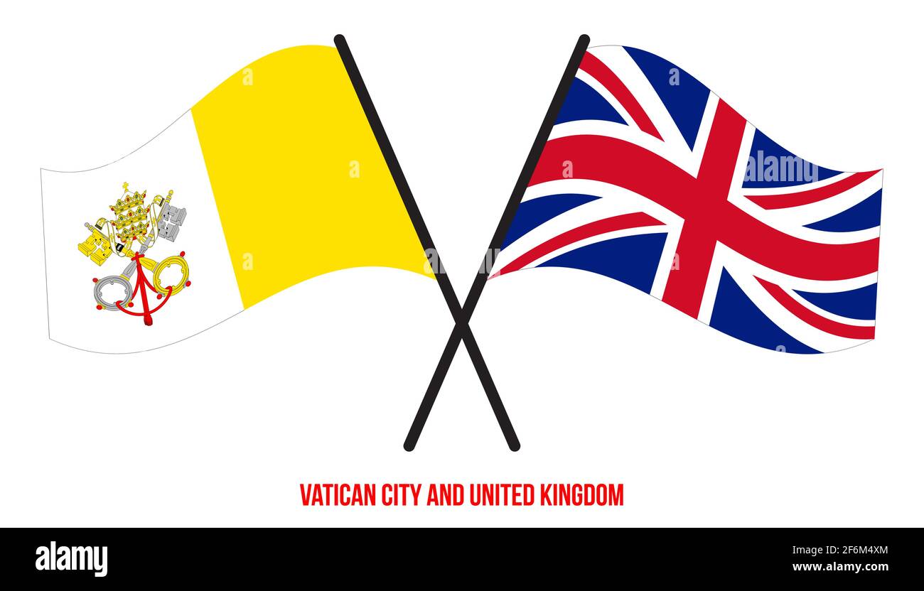 Vatikanstadt und Großbritannien Flaggen gekreuzt und winken Flat Style. Offizieller Anteil. Richtige Farben. Stock Vektor