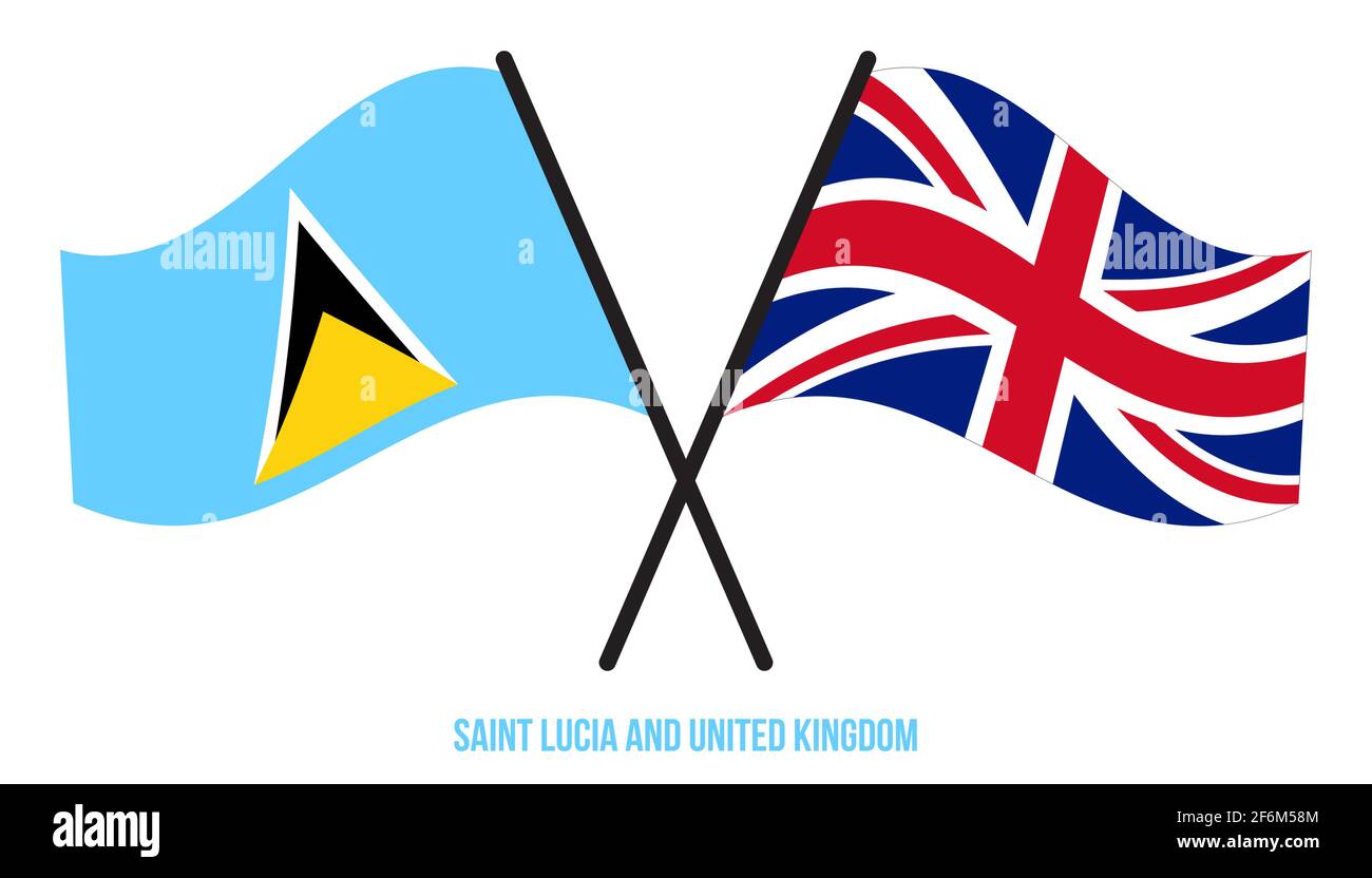 St. Lucia und Großbritannien Flaggen gekreuzt und winken Flat Style. Offizieller Anteil. Richtige Farben. Stock Vektor