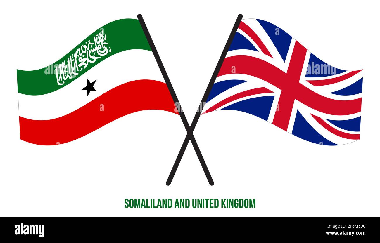 Somaliland und Großbritannien Flaggen gekreuzt und winken Flat Style. Offizieller Anteil. Richtige Farben. Stock Vektor