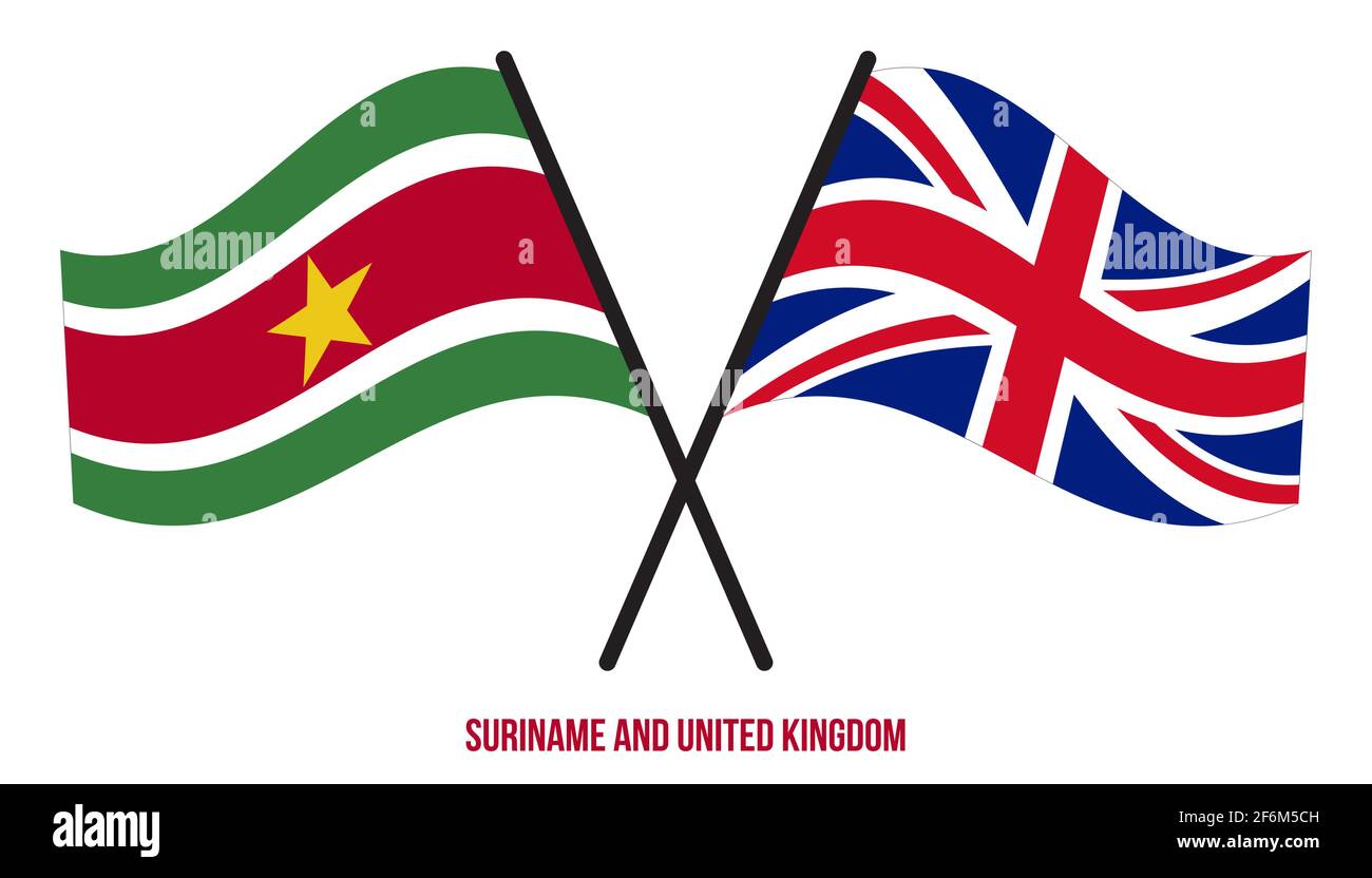 Suriname und Großbritannien Flaggen gekreuzt und winken Flat Style. Offizieller Anteil. Richtige Farben. Stock Vektor