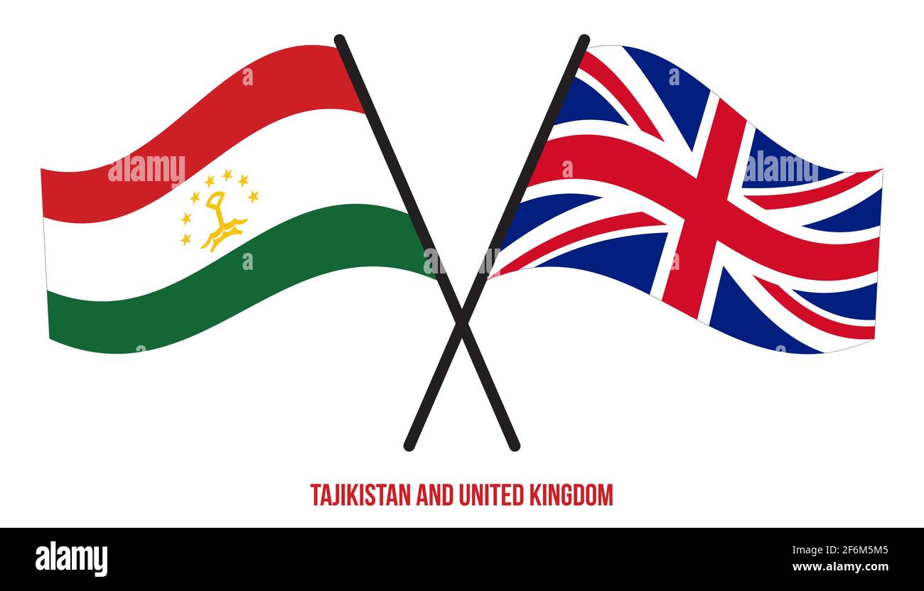 Tadschikistan und Großbritannien Flaggen gekreuzt und winken Flat Style. Offizieller Anteil. Richtige Farben. Stock Vektor