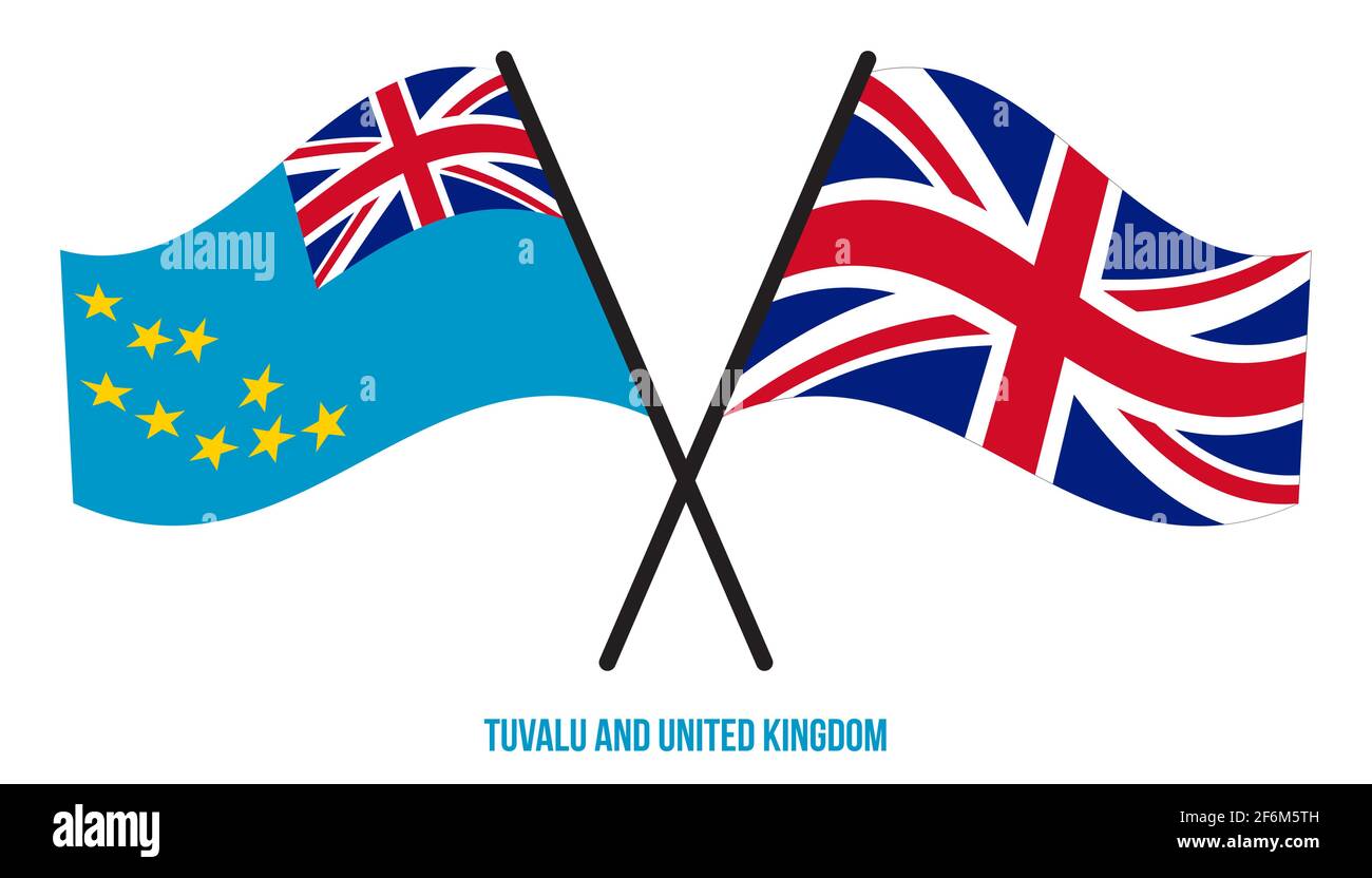 Tuvalu und Großbritannien Flaggen gekreuzt und winken Flat Style. Offizieller Anteil. Richtige Farben. Stock Vektor