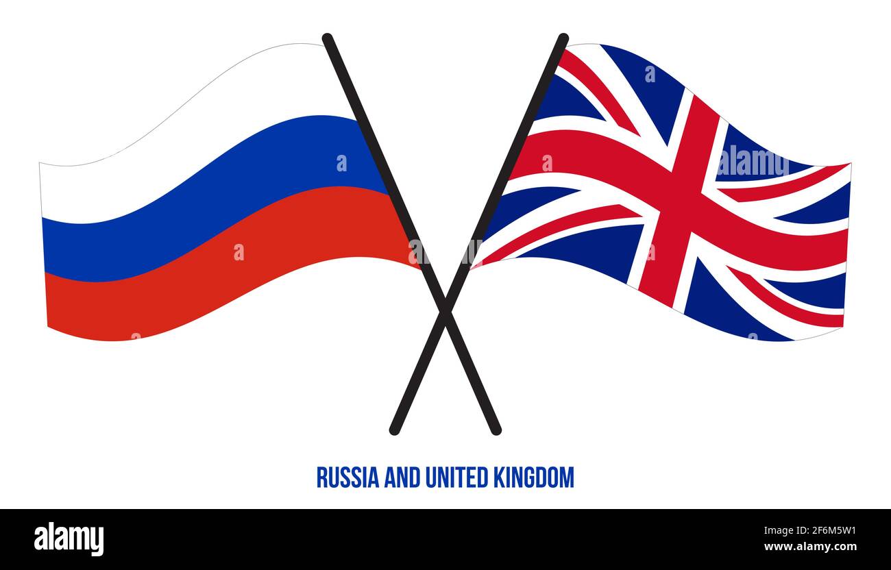Russland und Großbritannien Flaggen gekreuzt und winken Flat Style. Offizieller Anteil. Richtige Farben. Stock Vektor