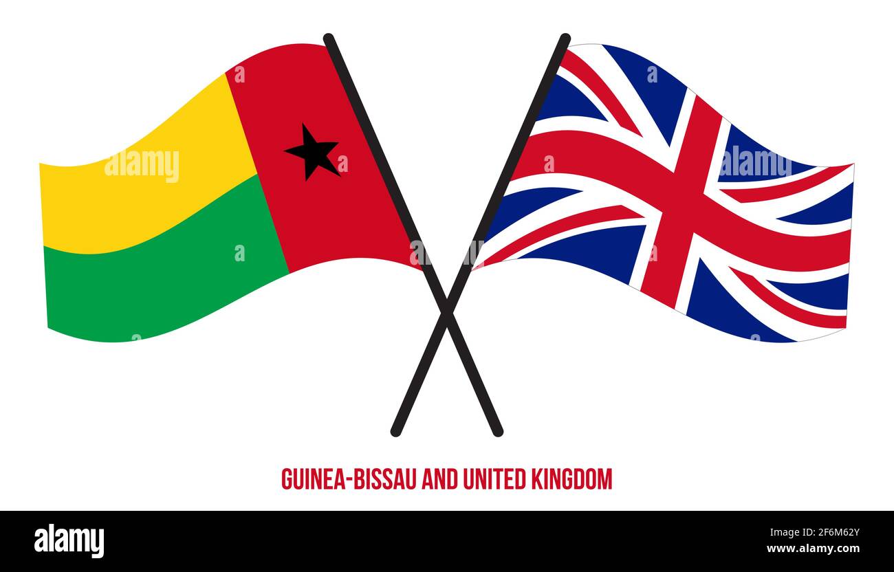 Guinea-Bissau und Großbritannien Flaggen gekreuzt und winken Flat Style. Offizieller Anteil. Richtige Farben. Stock Vektor