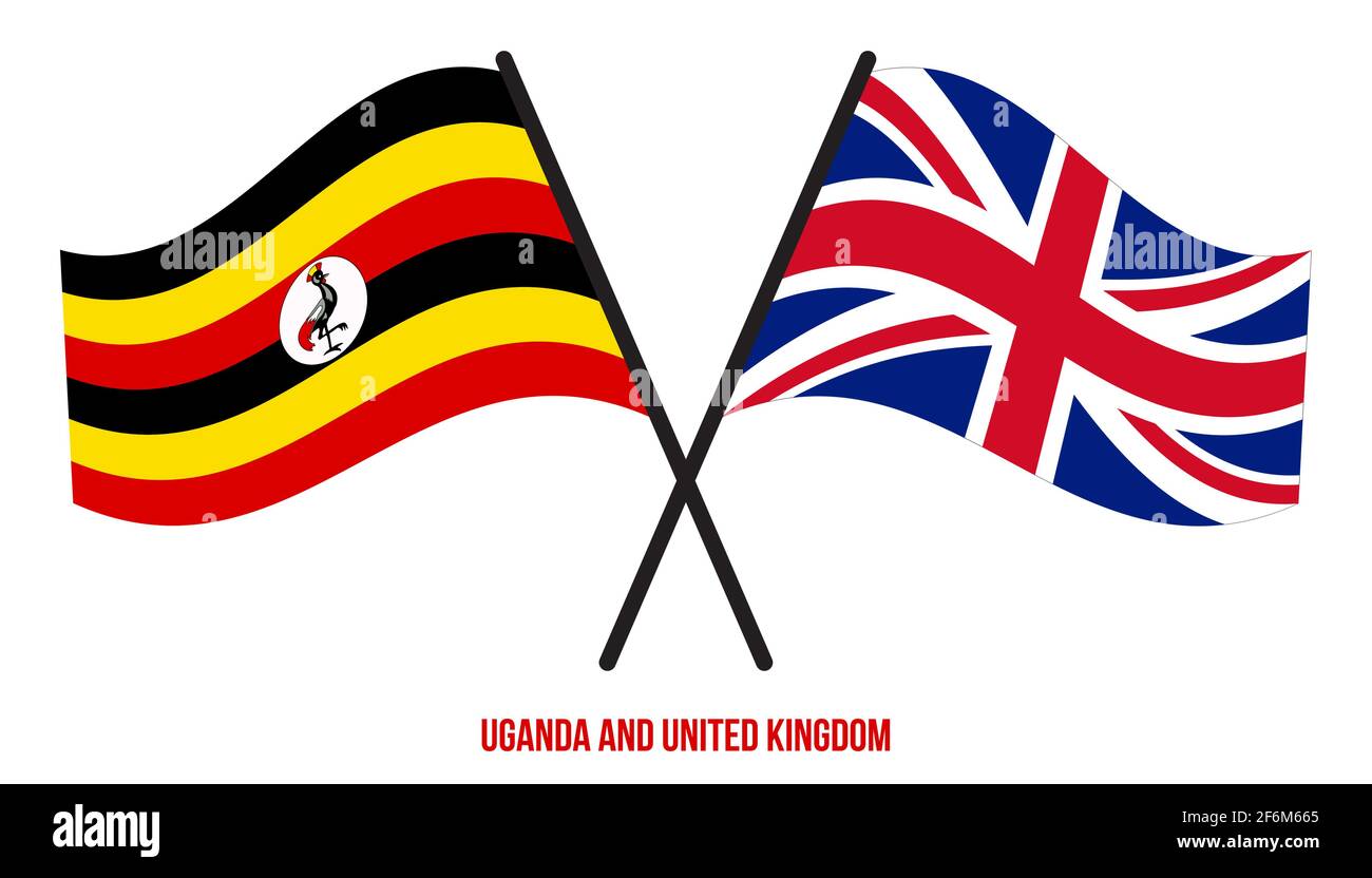 Uganda und Großbritannien Flaggen gekreuzt und winken Flat Style. Offizieller Anteil. Richtige Farben. Stock Vektor