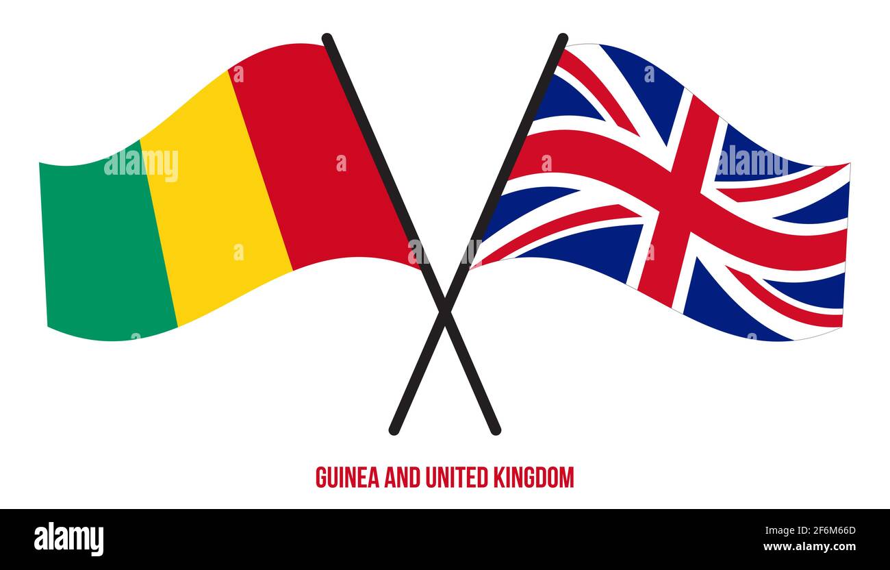Guinea und Großbritannien Flaggen gekreuzt und winken Flat Style. Offizieller Anteil. Richtige Farben. Stock Vektor