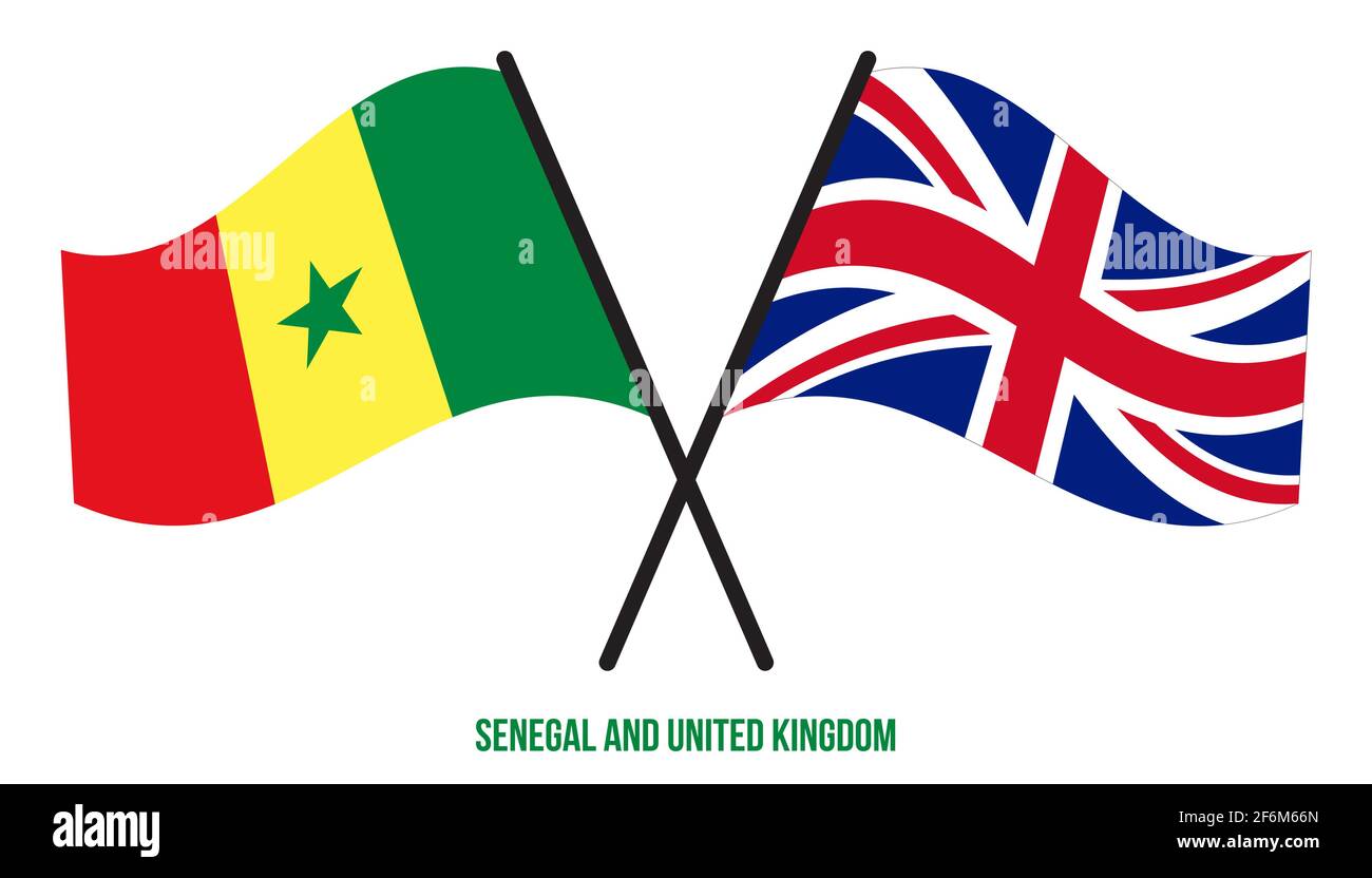 Senegal und Großbritannien Flaggen gekreuzt und winken Flat Style. Offizieller Anteil. Richtige Farben. Stock Vektor