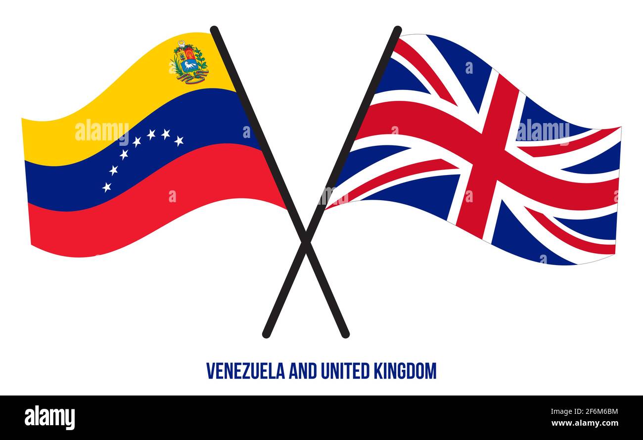 Venezuela und Großbritannien Flaggen gekreuzt und winken Flat Style. Offizieller Anteil. Richtige Farben. Stock Vektor